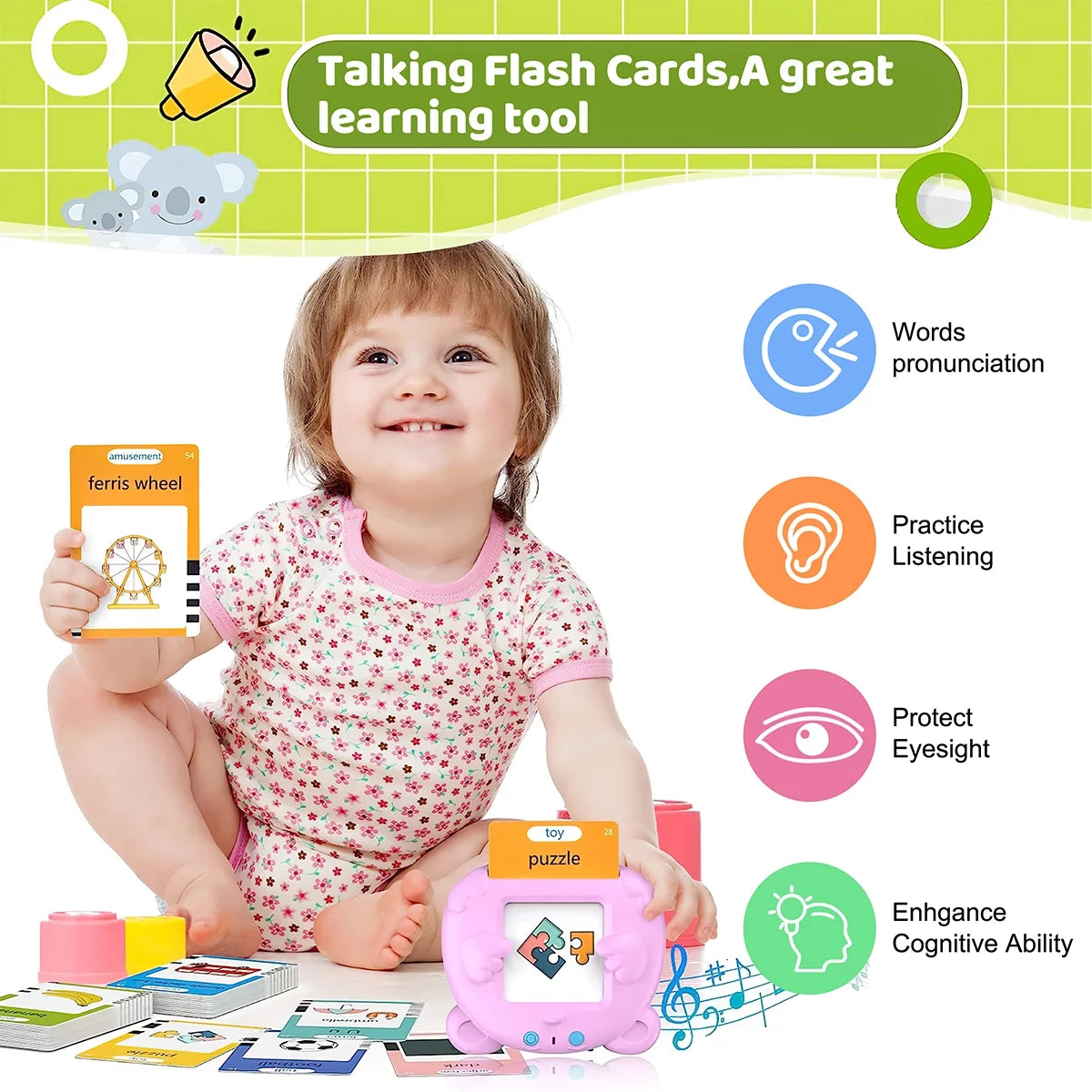 DAKOMM Toddler Educational Interactive Flash Cards with 224 Sight Word