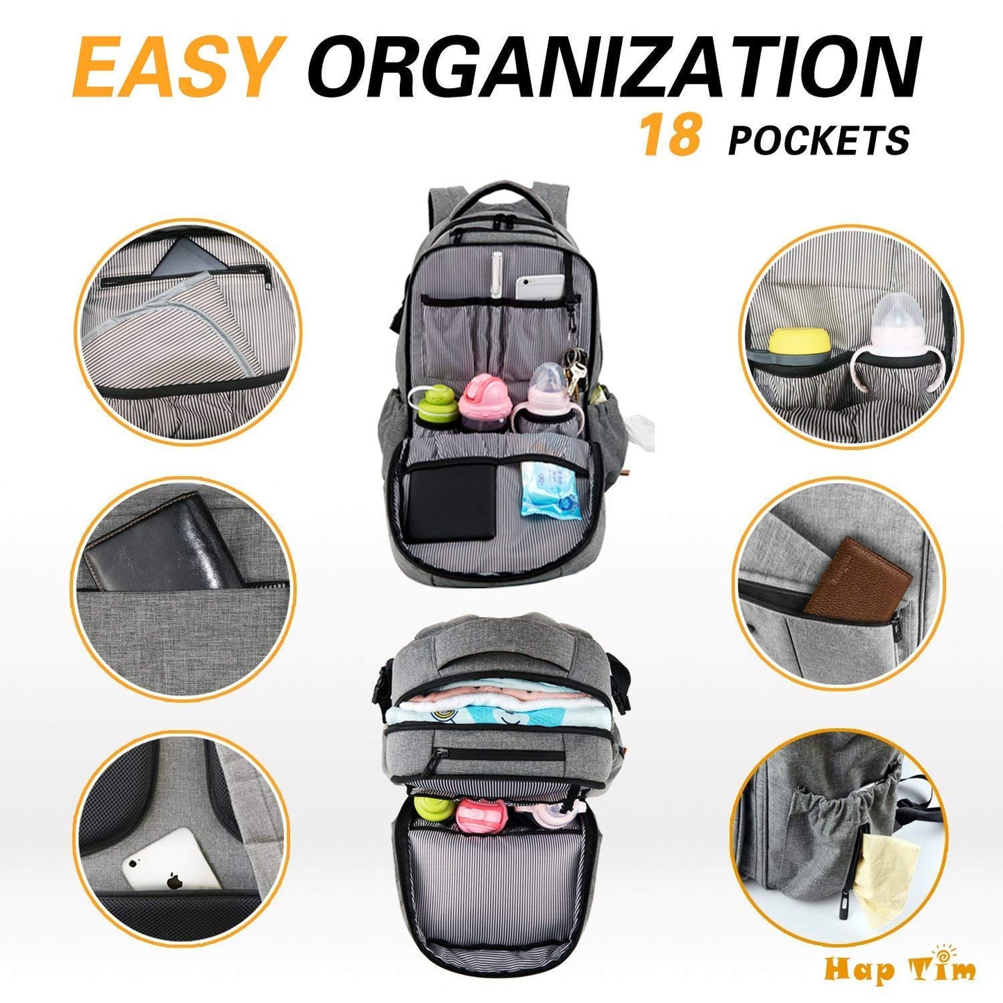 Multi-Function Large Baby Diaper Bag Backpack with Stroller Straps, Insulated Pockets, Changing Pad, Stylish & Anti-Water Material(Gray-5284)