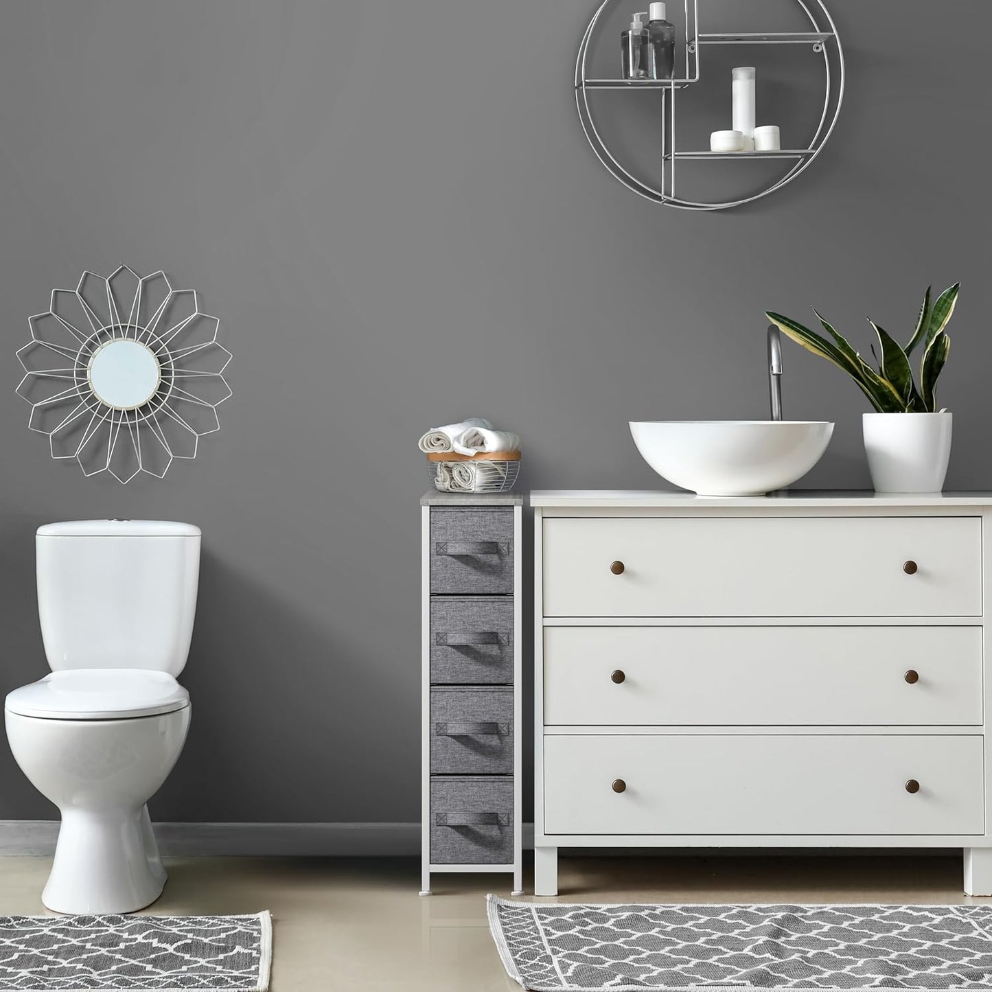 Narrow Dresser with 4 Drawers - Vertical Slim Storage Chest of Drawers with Steel Frame, Wood Top & Easy Pull Fabric Bins for Small Spaces, Closets, Bedroom, Bathroom & Laundry (Gray)