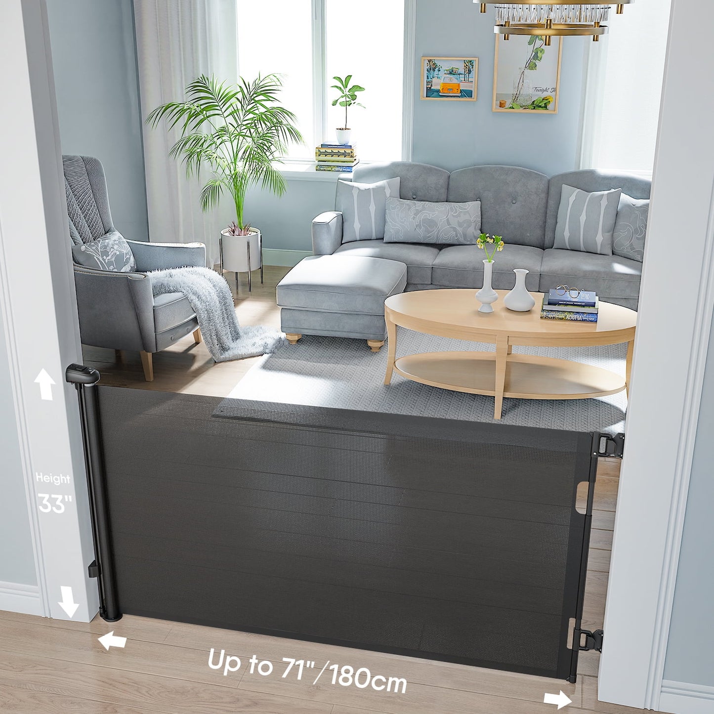 Retractable Baby Gates, Baby Gate for Stairs Extra Wide 59” X 33” Tall for Kids or Pets Indoor and Outdoor Dog Gates for Doorways, Stairs, Hallways (33 * 71 Inches, Black & Drill)