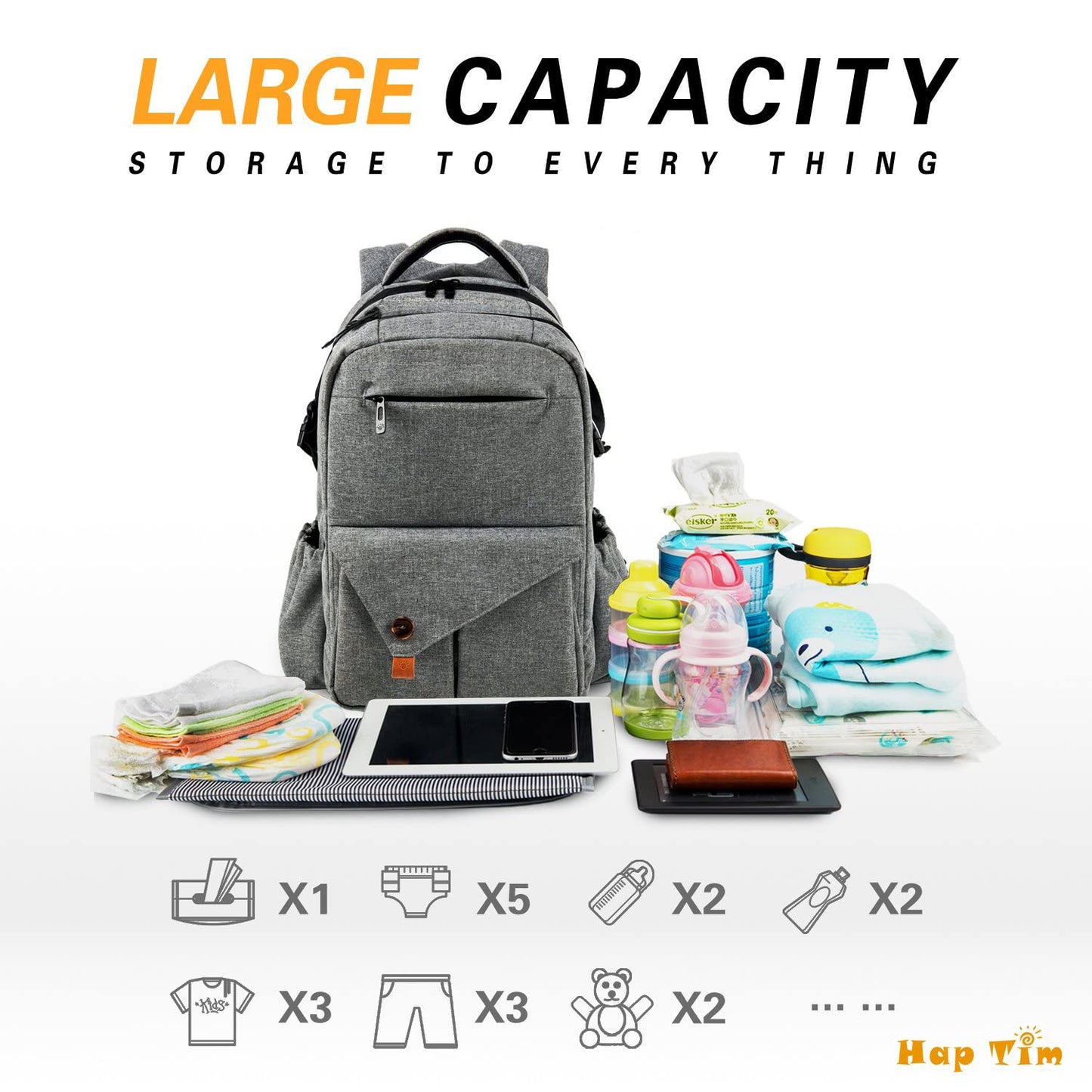 Multi-Function Large Baby Diaper Bag Backpack with Stroller Straps, Insulated Pockets, Changing Pad, Stylish & Anti-Water Material(Gray-5284)