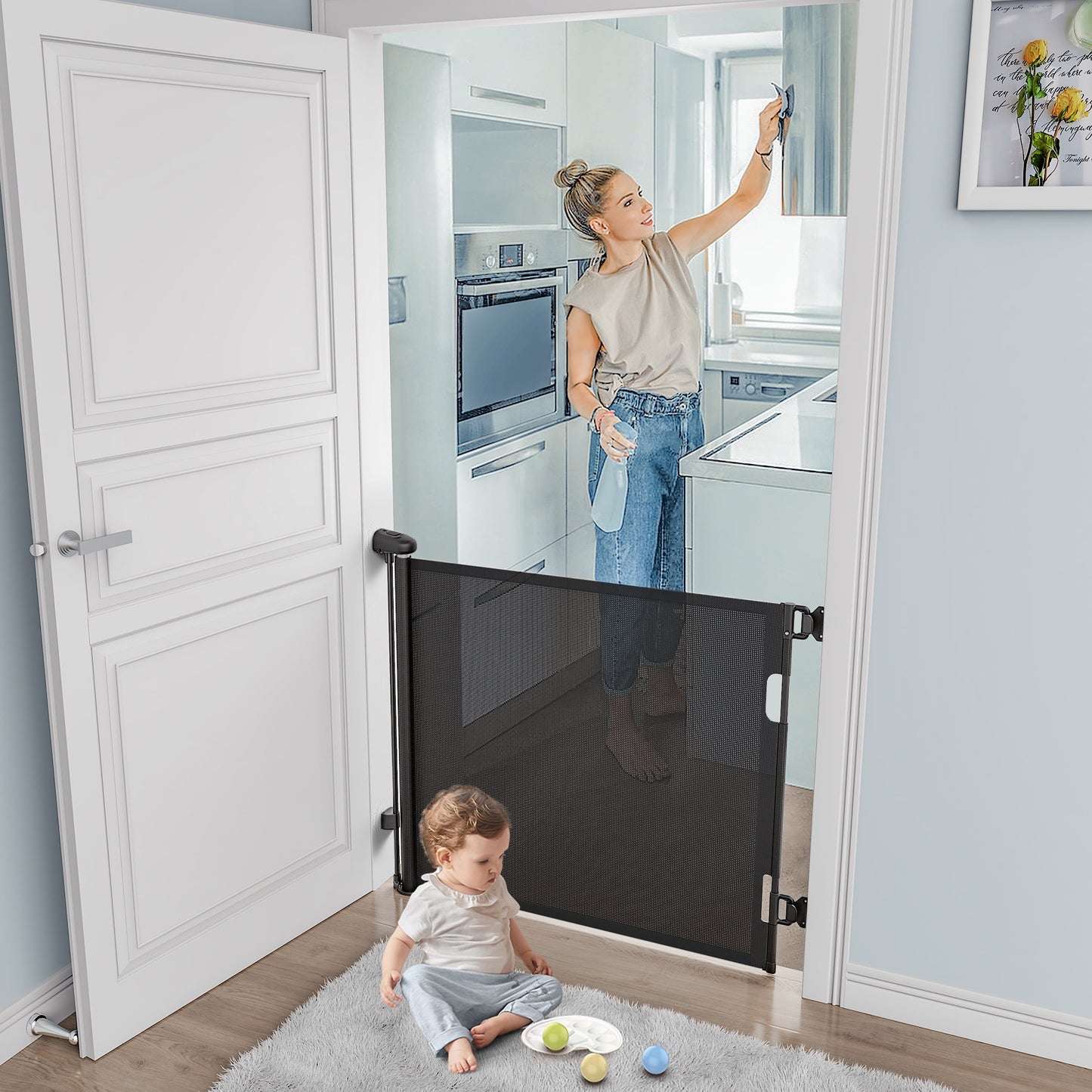 Retractable Baby Gates, Baby Gate for Stairs Extra Wide 59” X 33” Tall for Kids or Pets Indoor and Outdoor Dog Gates for Doorways, Stairs, Hallways (33 * 71 Inches, Black & Drill)