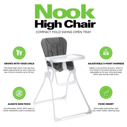 Nook High Chair Featuring Four-Position Adjustable Swing Open Tray, and Removable, Dishwasher-Safe Tray Insert for Easy Cleaning - Folds down Flat for Easy Storage (Charcoal)