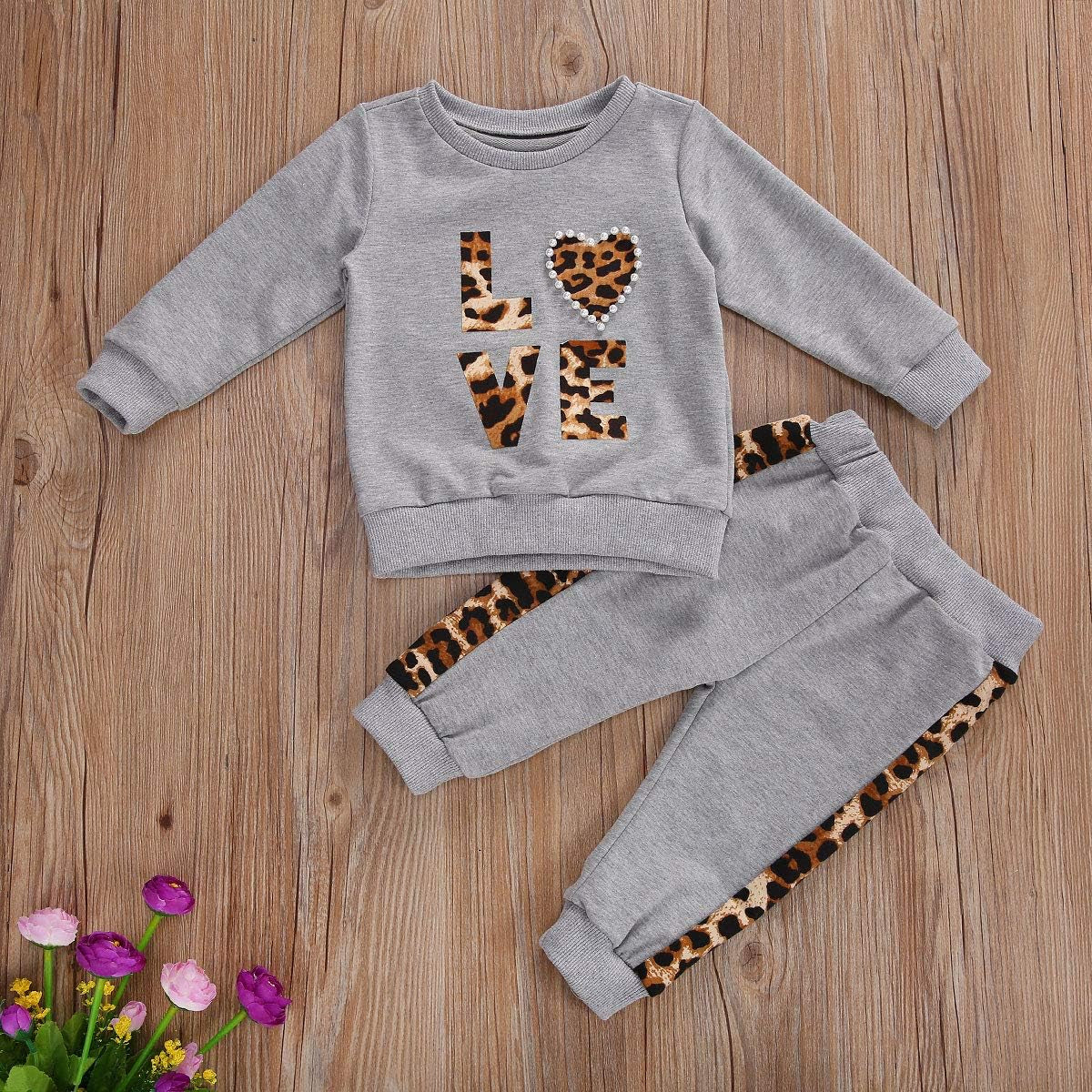 3Pcs Fall Winter Outfit Toddler Baby Girl Long Sleeve Crewneck Pullover Sweatshirt and Pants Headband Set