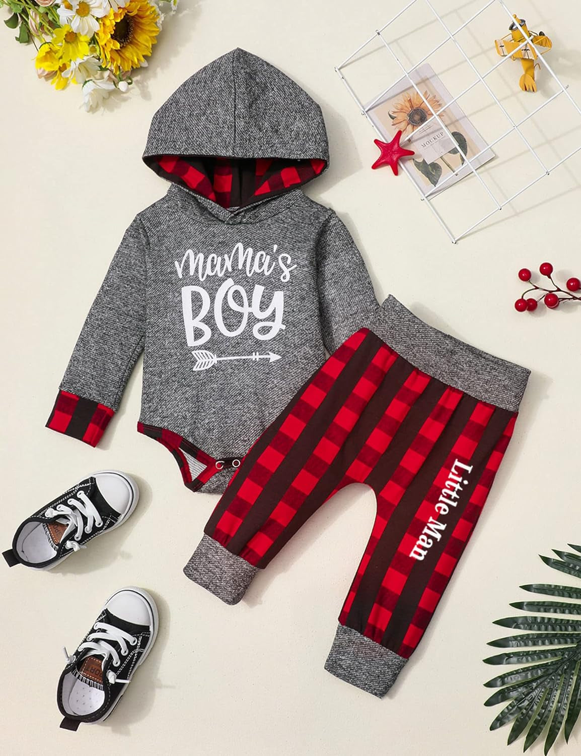 Newborn Baby Boy Clothes Plaid Letter Print Long Sleeve Hoodies + Long Pants 2PCS Fall Winter Outfits Set