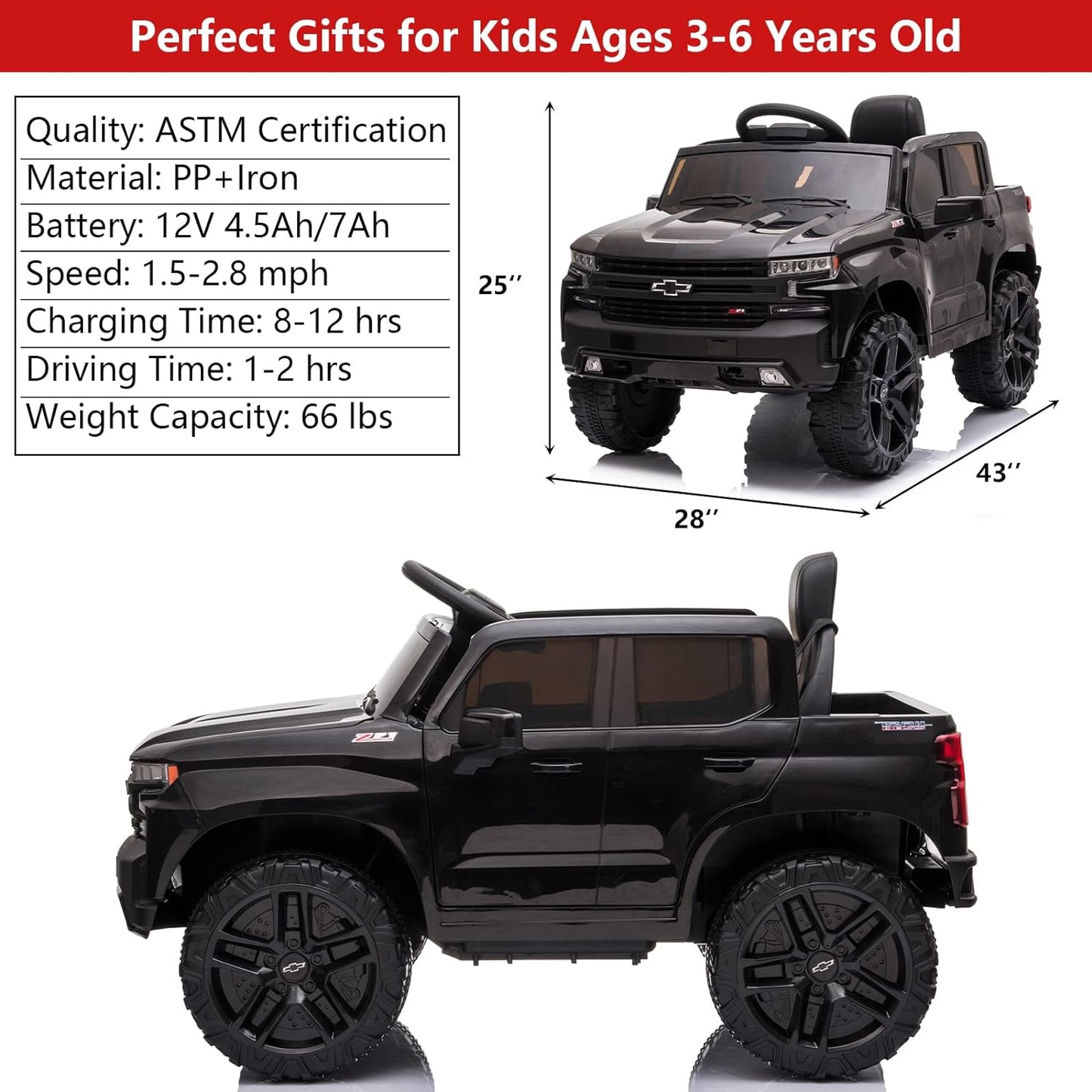 12V Licensed Chevrolet Silverado Ride on Truck Car, Kids Boys and Girls Electric Car Battery Powered Electric Vehicle with Parent Remote Control, Music Player, LED Lights, 3 Speeds, Black