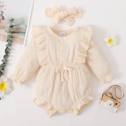 Newborn Infant Baby Girl Clothes Cotton Linen Rompers Solid Ruffle Jumpsuits Infant Baby Clothes Girl