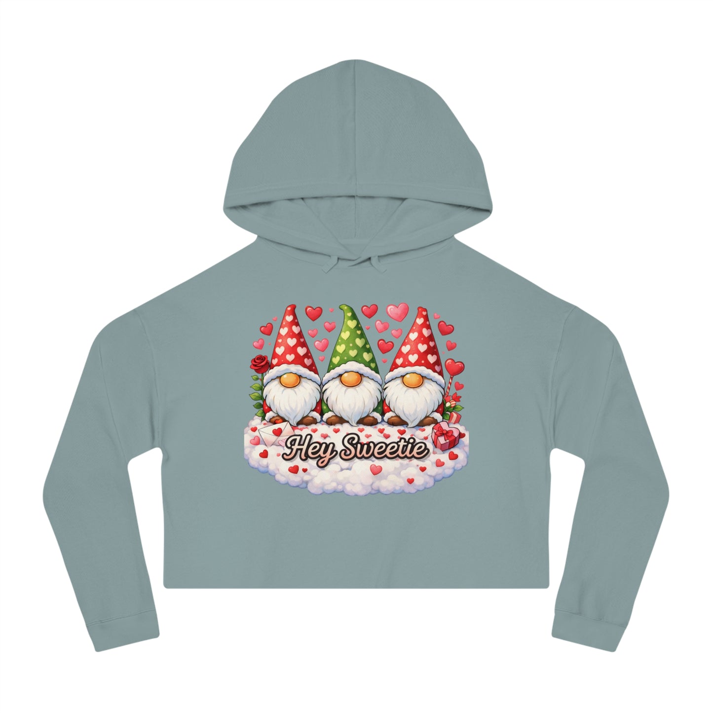 Cropped Hoodie — Valentine Gnome 'Hey Sweetie' Graphic