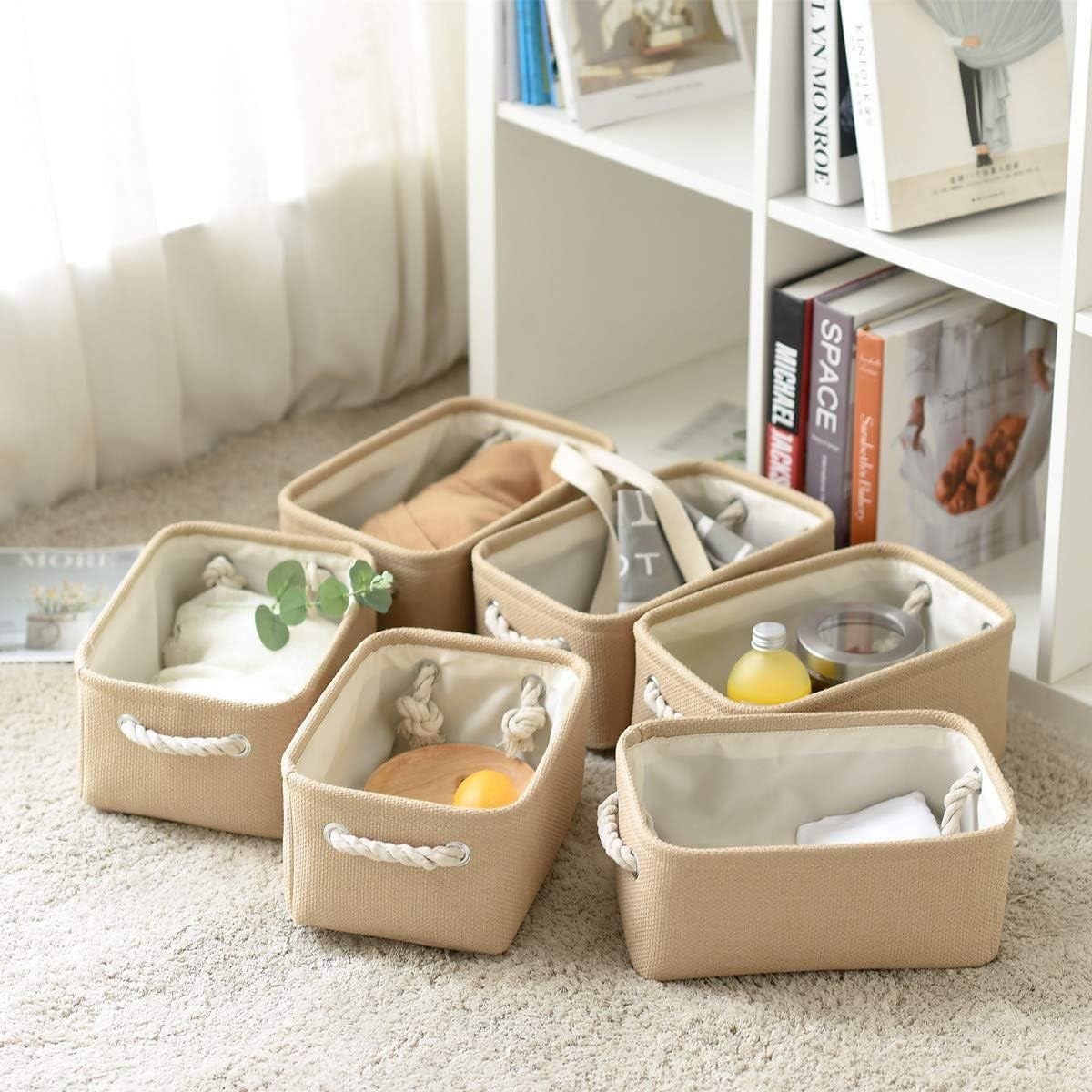 Storage Basket for Organizing - Small 6 Pack 11.8X7.8X5.2 Inch Fabric Storage Cubes with Cotton Rope Handle, Collapsible Storage Bins Baby Storage Toy Nursery (Beige)