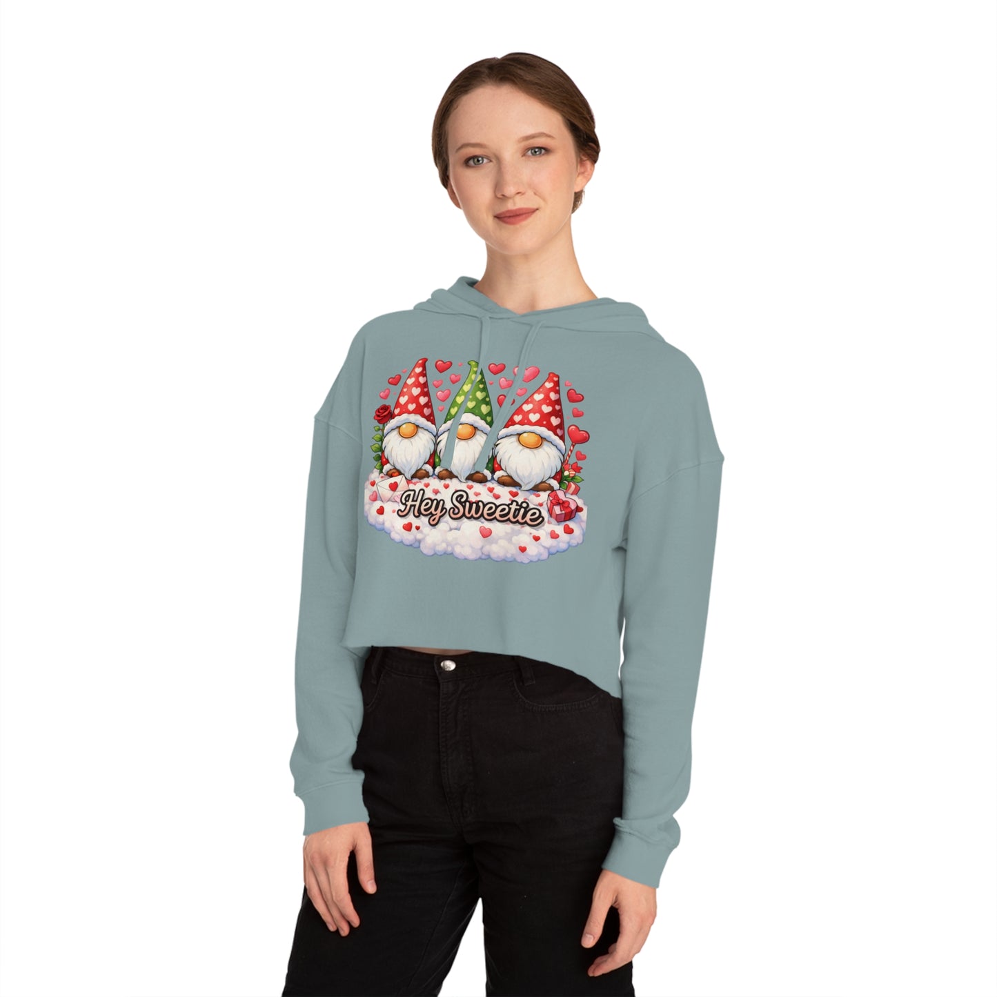 Cropped Hoodie — Valentine Gnome 'Hey Sweetie' Graphic