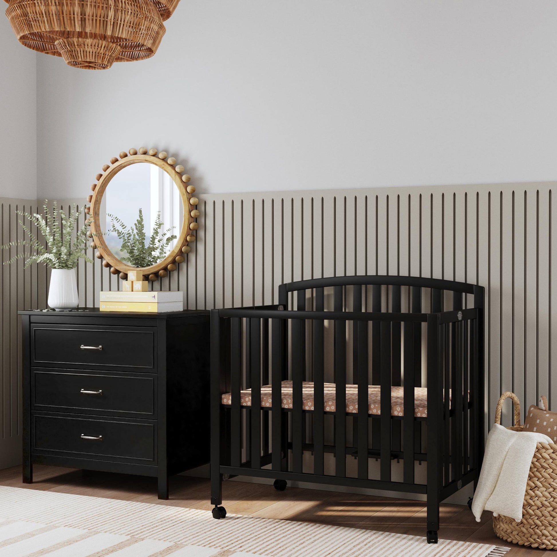 Dylan Folding Portable 3-In-1 Mini Crib and Twin Bed in Ebony