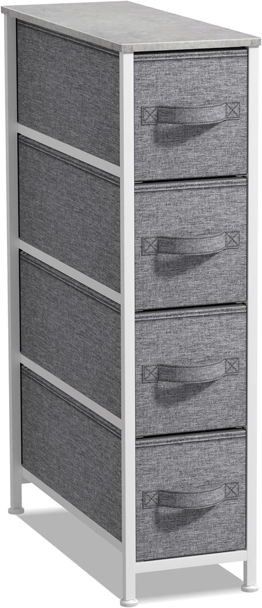 Narrow Dresser with 4 Drawers - Vertical Slim Storage Chest of Drawers with Steel Frame, Wood Top & Easy Pull Fabric Bins for Small Spaces, Closets, Bedroom, Bathroom & Laundry (Gray)