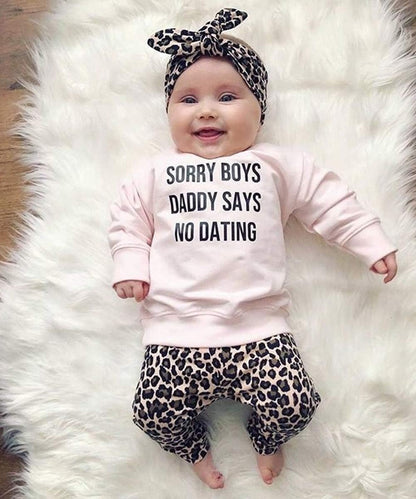 Newborn Baby Girls Clothes Daddy Saying Top Printed T-Shirt Leopard Pants+Headband Sweatshirt Outfit Set