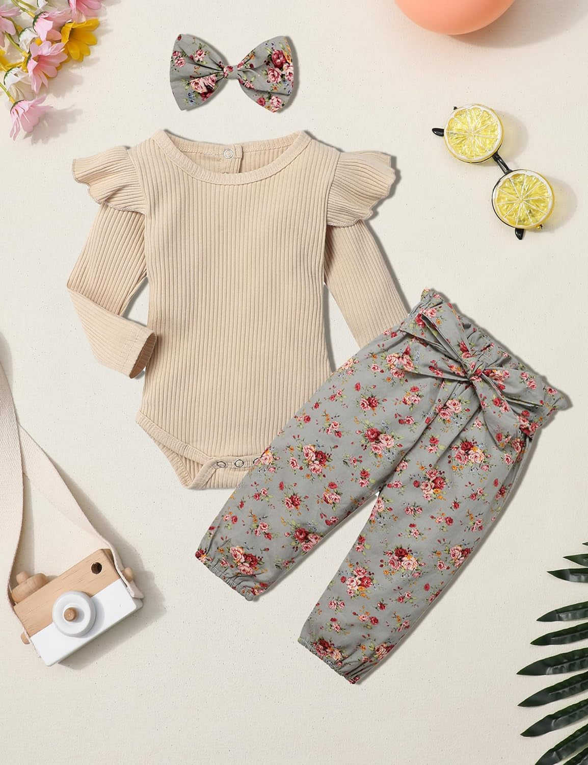 Newborn Baby Girl Clothes Ribbed Ruffle Sleeve Romper + Floral Pants + Headband Cute Infant Baby Girl Outfit 3Pcs