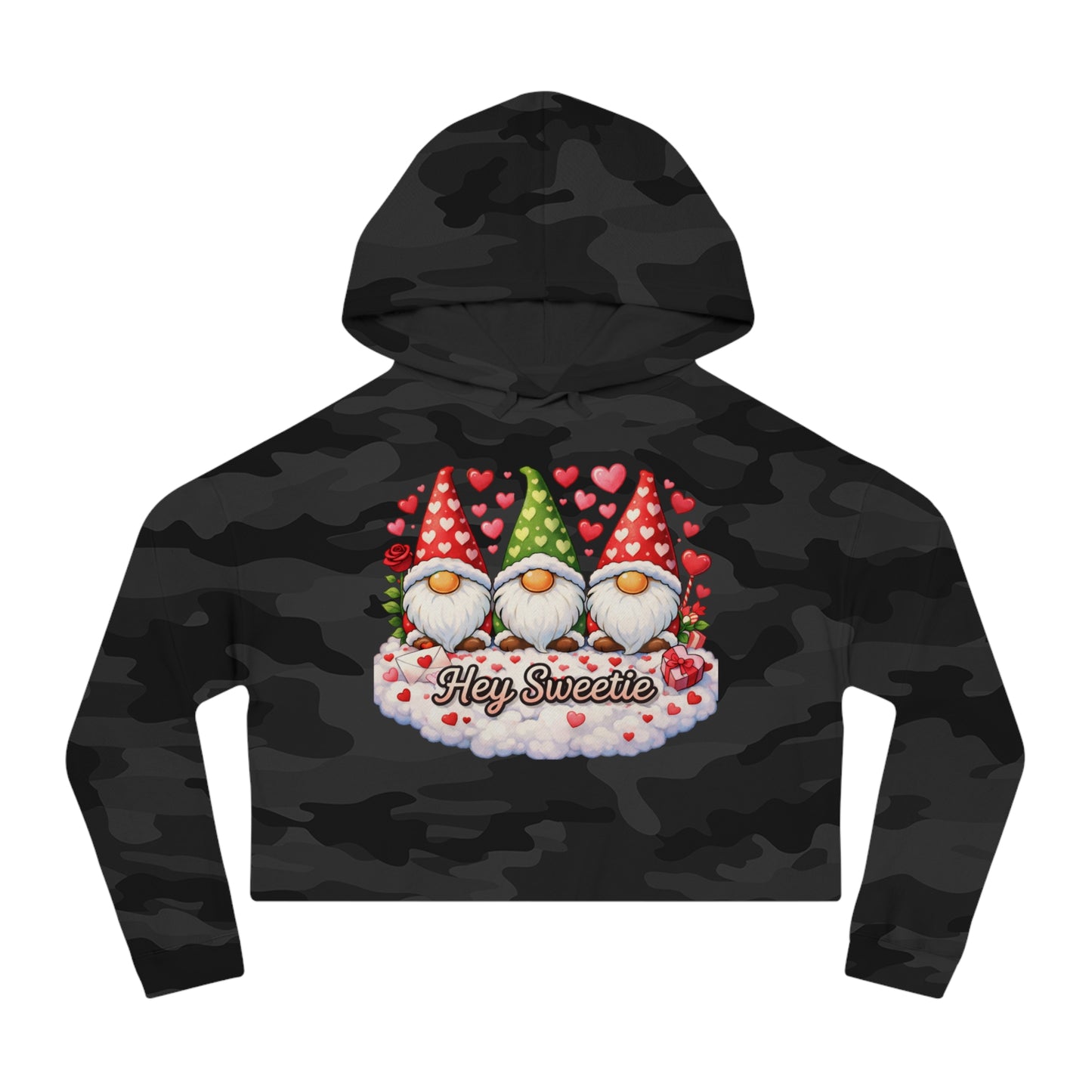 Cropped Hoodie — Valentine Gnome 'Hey Sweetie' Graphic