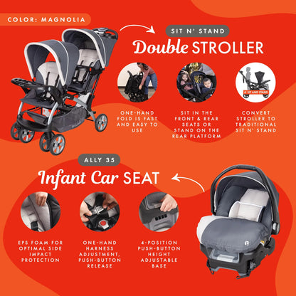 Double Stroller & 2 Ally 35 Infant Car Seat Combo Set, Magnolia