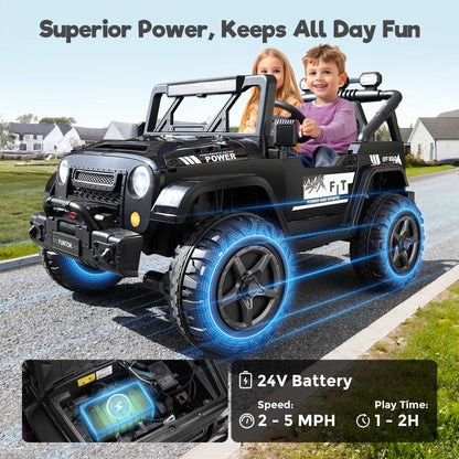 24 Volt 2 Seater Kids Ride on Truck W/ 20 " Large Seat, 4 X 200W Motor Electric Vehicle Car, 4WD/2WD Switchable Battery Powered Ride on Toy, 3 Speeds with Remote Control & LED Lights, Black