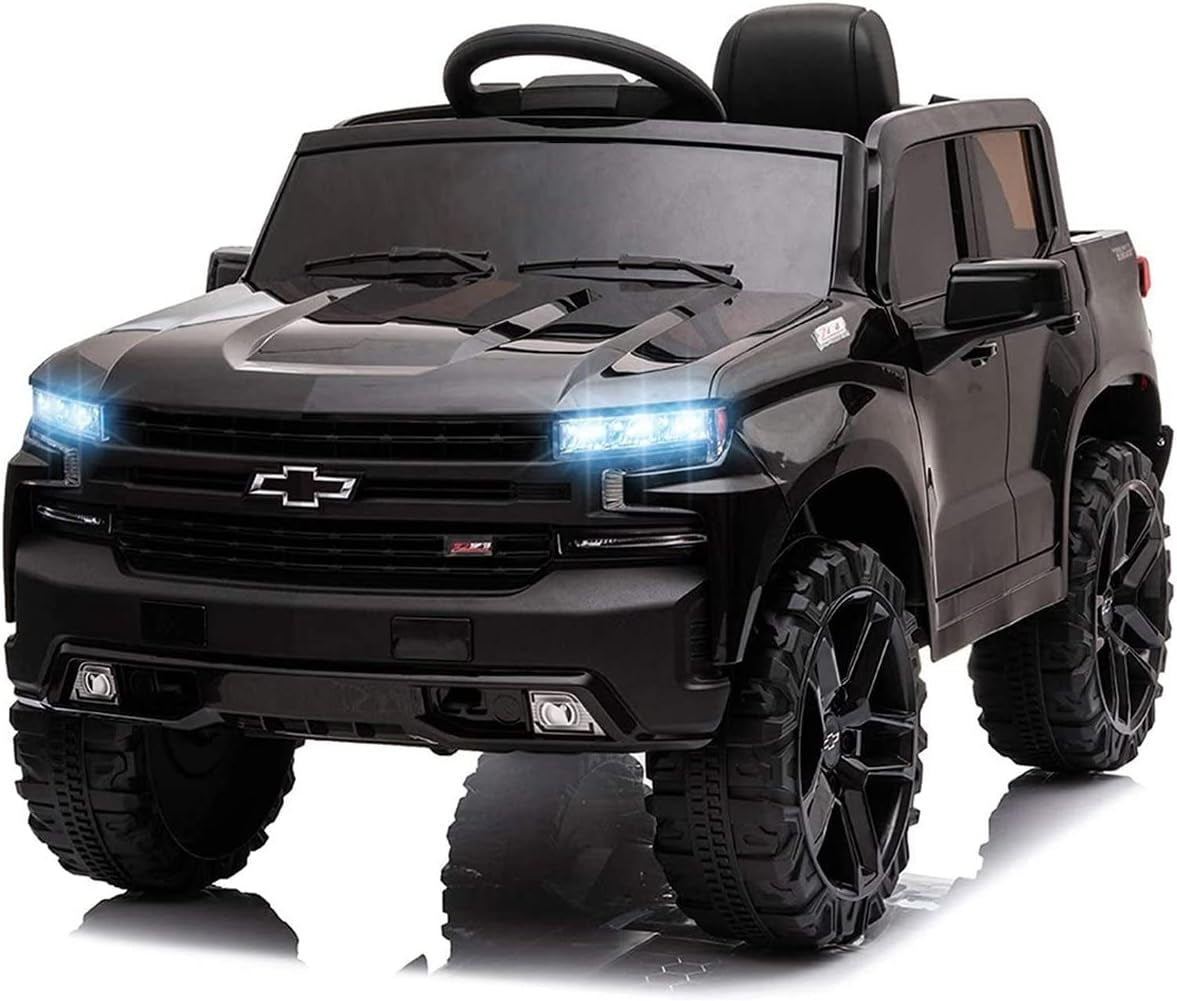 12V Licensed Chevrolet Silverado Ride on Truck Car, Kids Boys and Girls Electric Car Battery Powered Electric Vehicle with Parent Remote Control, Music Player, LED Lights, 3 Speeds, Black