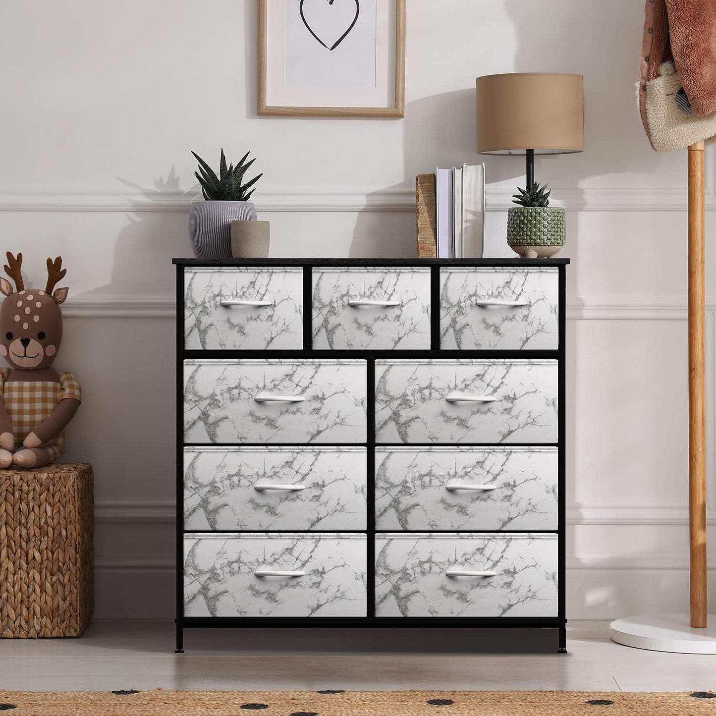 Dresser with 9 Drawers - Furniture Storage Chest Tower Unit for Bedroom, Hallway, Closet, Office Organization - Steel Frame, Wood Top, Easy Pull Fabric Bins (Marble White – Black Frame)