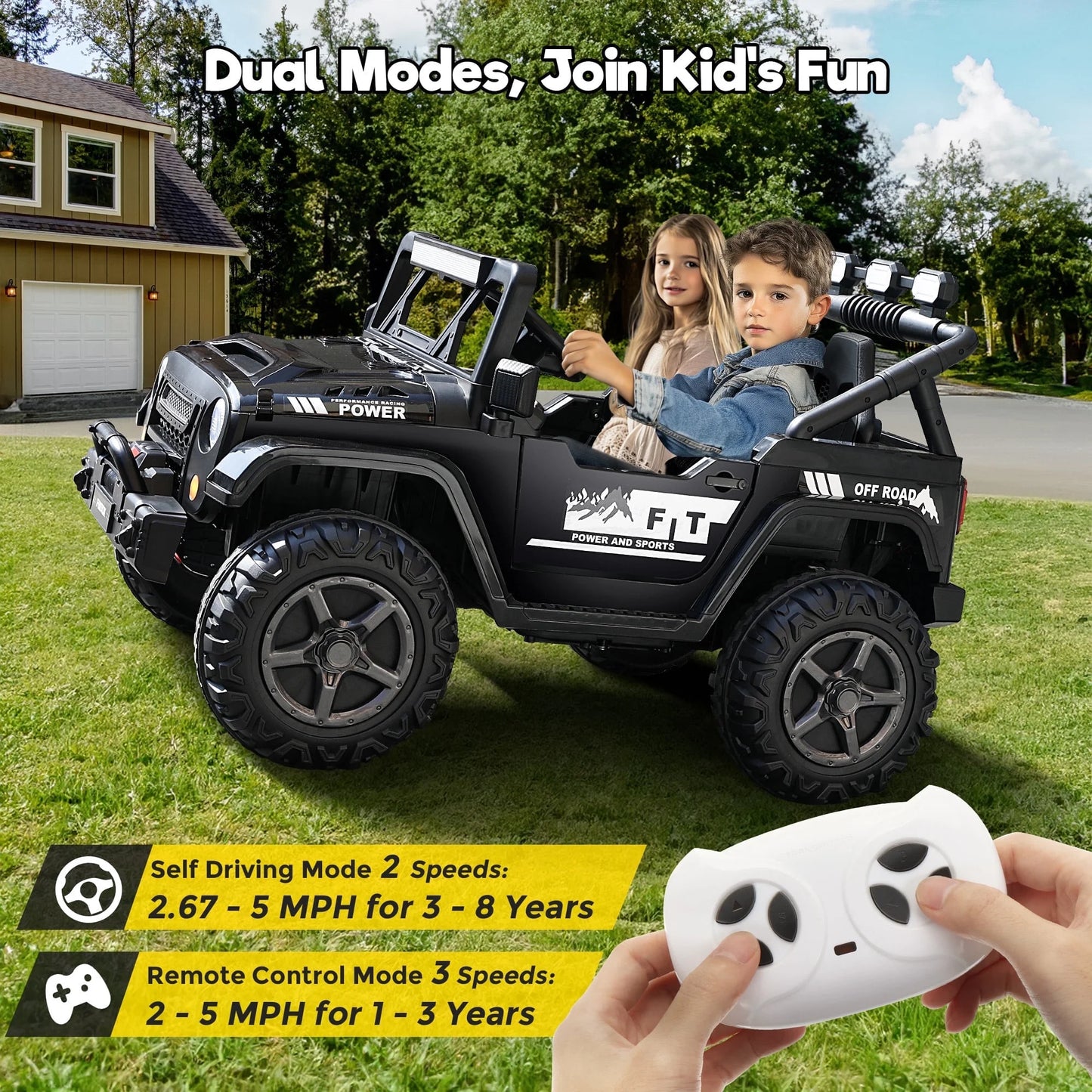 24 Volt 2 Seater Kids Ride on Truck W/ 20 " Large Seat, 4 X 200W Motor Electric Vehicle Car, 4WD/2WD Switchable Battery Powered Ride on Toy, 3 Speeds with Remote Control & LED Lights, Black