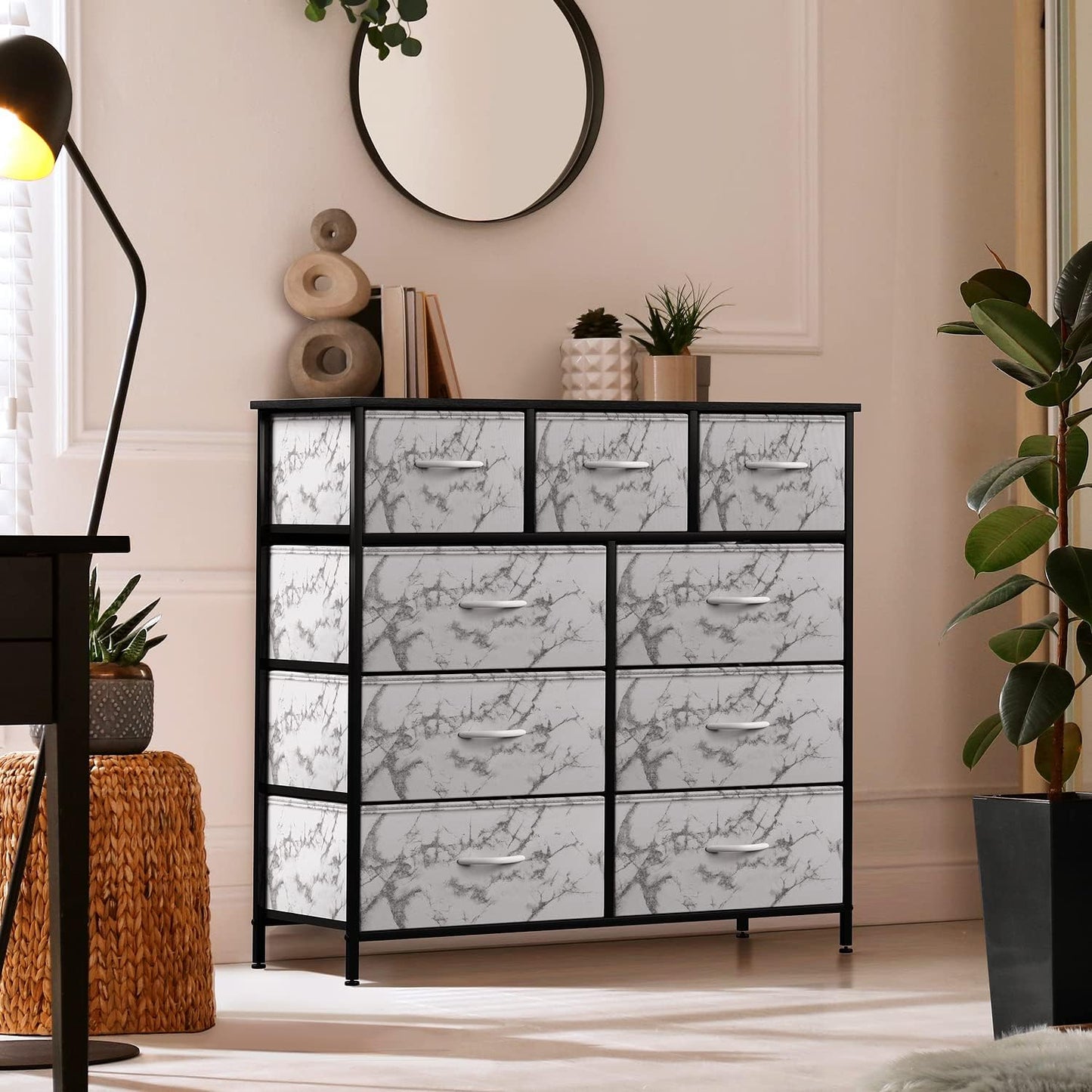 Dresser with 9 Drawers - Furniture Storage Chest Tower Unit for Bedroom, Hallway, Closet, Office Organization - Steel Frame, Wood Top, Easy Pull Fabric Bins (Marble White – Black Frame)