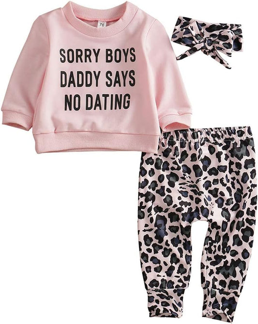 Newborn Baby Girls Clothes Daddy Saying Top Printed T-Shirt Leopard Pants+Headband Sweatshirt Outfit Set