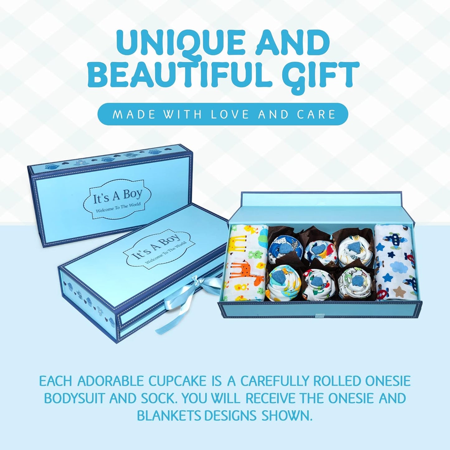 Unique Cupcake Baby Boy Gift Set, Baby Layette Set with Adorable New Baby Clothing Gift for Expecting Moms and New Parents, Blue - Nikki’S Gift Baskets