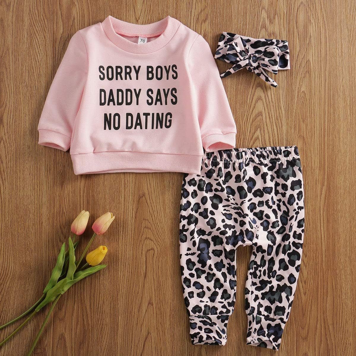 Newborn Baby Girls Clothes Daddy Saying Top Printed T-Shirt Leopard Pants+Headband Sweatshirt Outfit Set