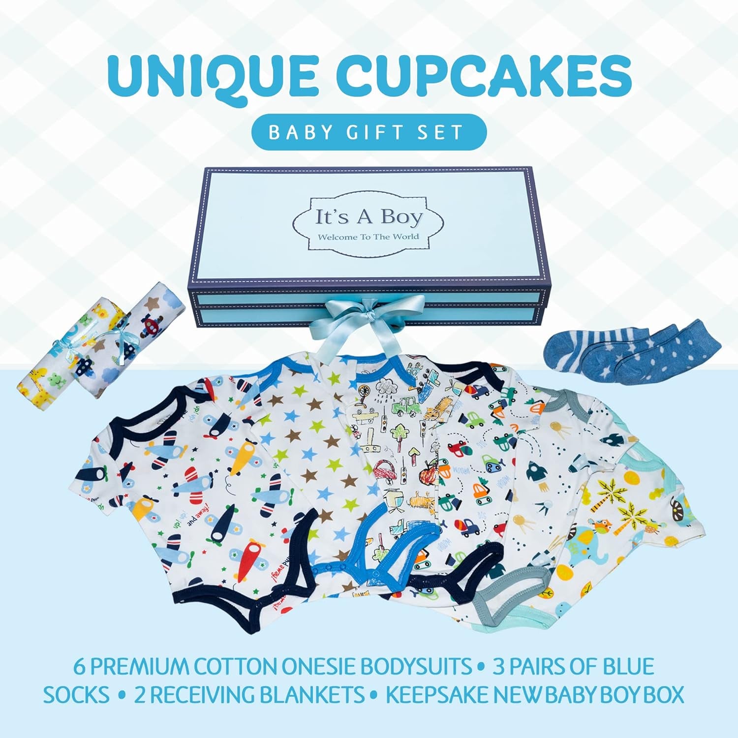 Unique Cupcake Baby Boy Gift Set, Baby Layette Set with Adorable New Baby Clothing Gift for Expecting Moms and New Parents, Blue - Nikki’S Gift Baskets