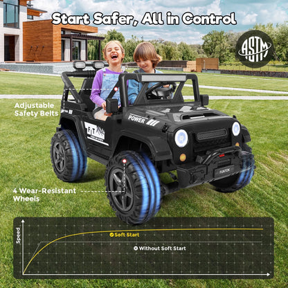 24 Volt 2 Seater Kids Ride on Truck W/ 20 " Large Seat, 4 X 200W Motor Electric Vehicle Car, 4WD/2WD Switchable Battery Powered Ride on Toy, 3 Speeds with Remote Control & LED Lights, Black