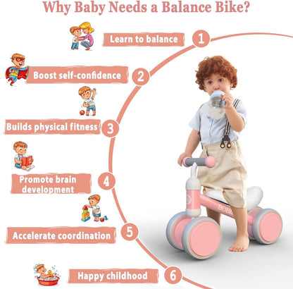 Baby Balance Bike Toys for 10-24 Months Kids Toy Boy and Girls Gifts Toddler Best First Birthday Gift Children Walker No Pedal Infant 4 Wheels Bicycle (Classic, Pink)