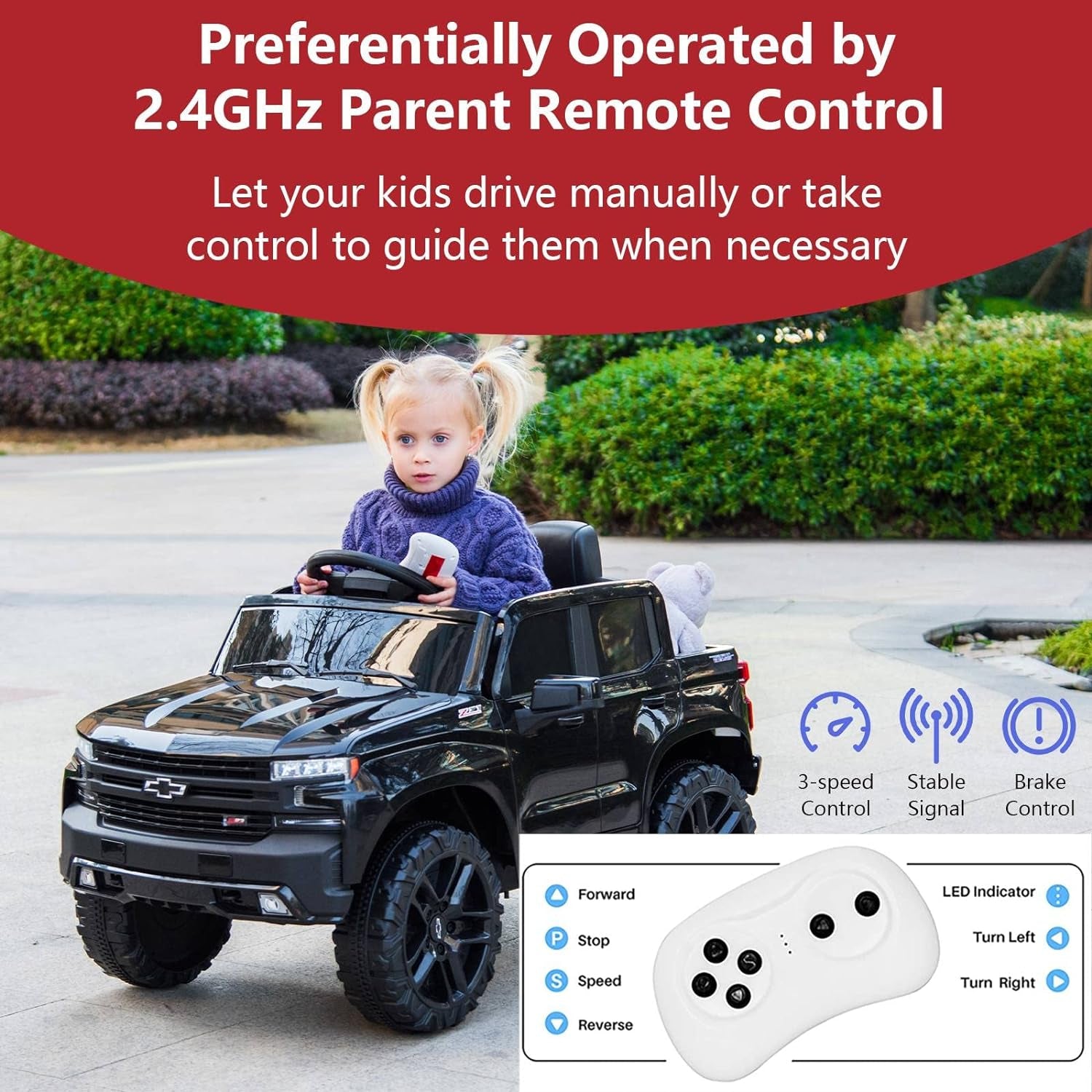 12V Licensed Chevrolet Silverado Ride on Truck Car, Kids Boys and Girls Electric Car Battery Powered Electric Vehicle with Parent Remote Control, Music Player, LED Lights, 3 Speeds, Black