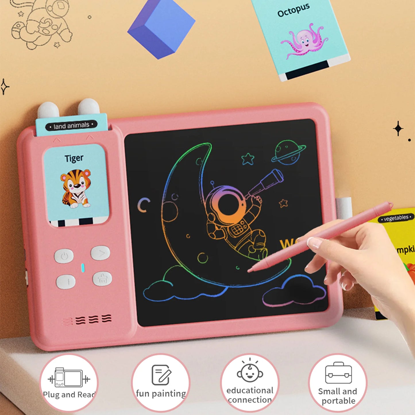 2 in 1 Talking Flash Cards with LCD Writing Tablet for Kids, Educational Preschool Montessori Learning Toys for Toddlers, Drawing Board with Reading Machine for Autism Speech Therapy